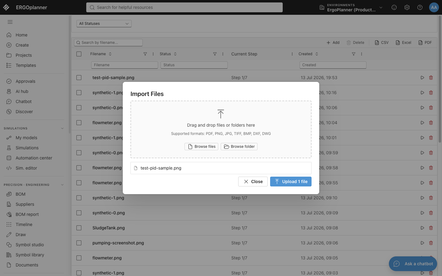 Batch import dialog showing supported file types for P&ID upload