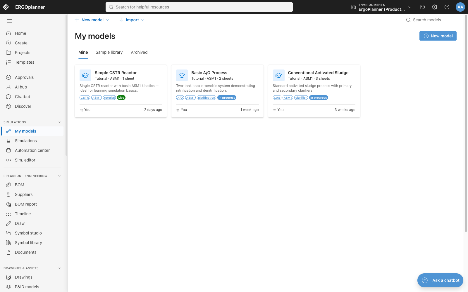 Live equipment dashboard with simulations and BOM tracking