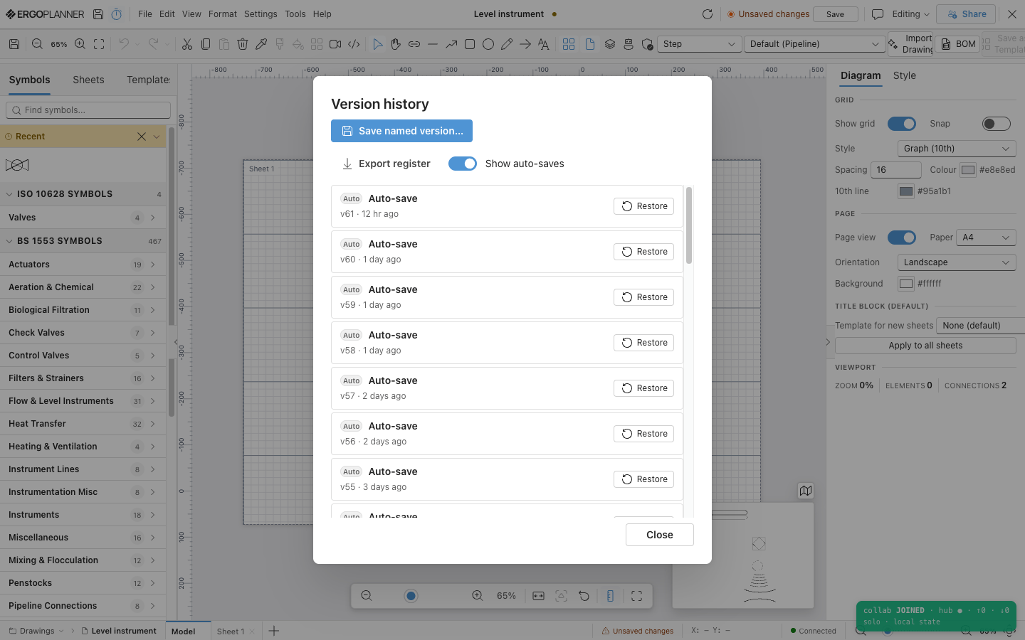 Version history panel showing named revisions and restore options